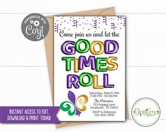 Mardi Gras Invitation, Corjl, Mardi Gras Theme, Mardi Gras Birthday Invitation, Carnival Time, Mardi Gras Party, Good Times Roll (MA08)