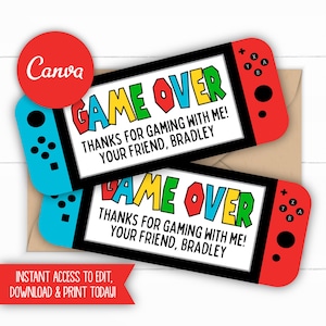 Könnte beinhalten: Zwei Karten in Form einer Spielkonsole mit roten und blauen Controllern. Die Karten zeigen "GAME OVER" in bunten Buchstaben mit dem Text "THANKS FOR GAMING WITH ME! YOUR FRIEND, BRADLEY". Ein rotes Banner zeigt "INSTANT ACCESS TO EDIT, DOWNLOAD & PRINT TODAY!"