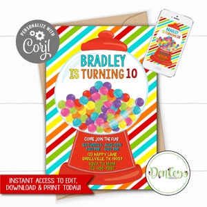 Gumball Machine Party Instant Access Corjl Gumball Invitation Red Gumball Invitation Candy Invitation Candy Party Invitation Gumball Theme