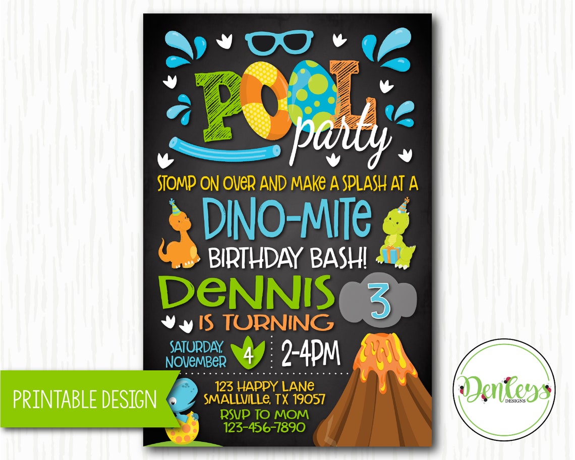 Dinosaur Pool Party Birthday Invitation Pool Party Dino Etsy