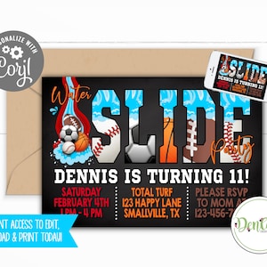 May include: A black chalkboard style invitation for a water slide party. The invitation features a blue and white water slide with sports balls, including a basketball, football, baseball, and soccer ball. The text on the invitation reads "Water Slide Party" and "Dennis is turning 11!" The invitation also includes the date, time, location, and RSVP information.