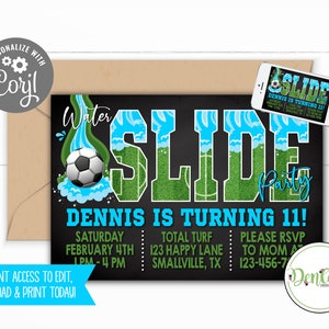 Soccer Waterslide Party Invitation Corjl Soccer Waterslide Party Sports Party Football Splash Party Invitation Water Slide Soccer Theme