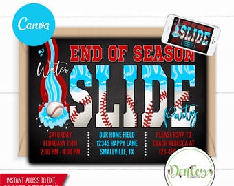 End of Season Baseball Water Slide Invitation Canva Baseball Swimming Invitation Splash Party Sports Baseball Waterslide Invite Sports Party