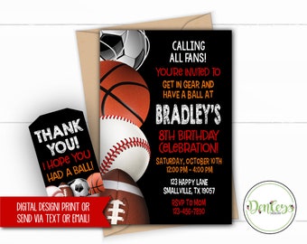 Sports Printable Invitation Allstar Sports Favor Tags Sports Theme Basketball Football Soccer Baseball Allstar Sports Invite Sports Editable
