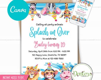 Pool Party Animals Invitation Editable Water Slide Pink Jungle Animals Safari Animals Party Invitation Pink Pool Party Instant Download