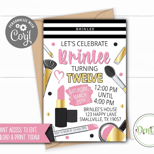 Make Up Invitation Make Up Party Makeup Makeup Invitation Blush Eye Shadow Lip Stick Invitation Glam Invite Glam Party Make Up Theme (MU06)