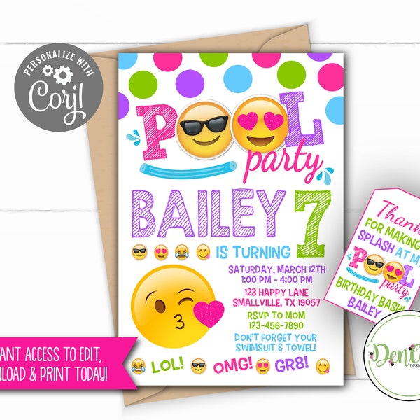 FREE Tags Included Emoji Pool Party Invitation Pool Party Invitation Emoji Birthday Invitations Emoji Party Printable Emoji Invitation