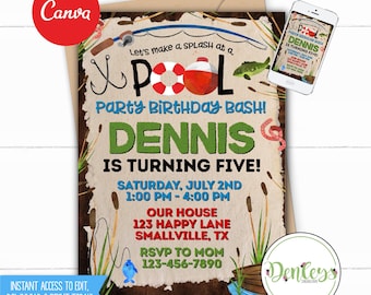 Angeln Pool Party Einladung, Canva Fisch Pool Party, Angeln Thema Schwimmen Party, Angeln Party, Fisch Einladung Angeln Einladung