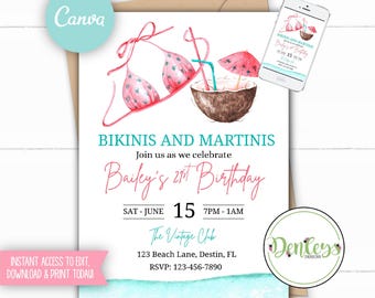 Bikinis and Martinis Invitation Editable Pool Party Invite Summer Party Invitation Template Bachelorette Pool Party Canva Editable Invite