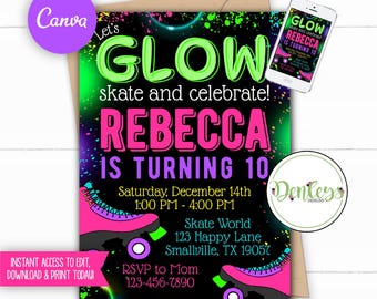 Glow Roller Skating Invitation Canva Glow Skating Party Invitation Neon Skate Invite Pink Glow Skate Party Printable Girl Glow Skate Instant