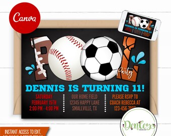 Football Soccer Baseball Basketball Pool Party Canva Sports Party Basketball Swimming Invitation Allstar Sports Pool Party Invitation