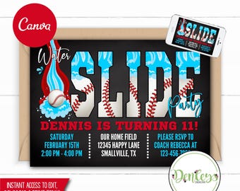 Baseball Water Slide Birthday Invitation Canva Baseball Swimming Invitation Splash Party Sports Baseball Waterslide Invite Sports Waterslide