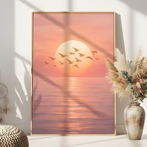 Lienzo decorativo con diseño de puesta de sol, pintura de amanecer sobre el océano, obra de arte de aves costeras, obra de arte de puesta de sol rosa, decoración de pared para casa de playa, cuadro enmarcado.