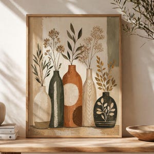 Op de afbeelding: Een ingelijste kunstdruk met vijf vazen in wit, groen en bruin, elk met botanische elementen. Het kunstwerk heeft een neutraal kleurenpalet en een verticaal gestreepte achtergrond. De print wordt tentoongesteld op een houten plank met boeken en een decoratieve kom.