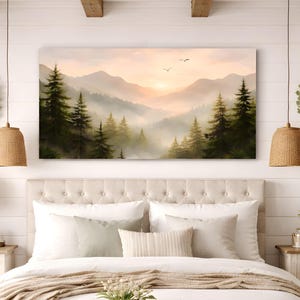Bergwald Wand Kunst Leinwand, Neblige Kiefer Landschaft Druck, Natur Sonnenaufgang Kunst