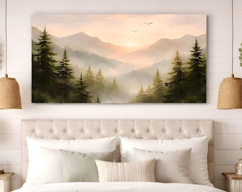 Mountain Forest Wall Art Canvas, Misty Pine Tree Landscape Print, Nature Sunrise Art