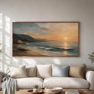 Panoramautsikt över kustsolnedgången, kanvastavla, strandlandskapsmålning, väggdekor med havsvågor, kustkonstverk, modern strandhusdekor