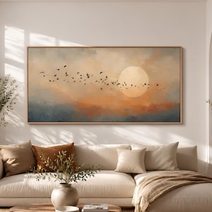 Panoramic Sunset Wall Art Canvas Print, Oversized Flying Birds Flock Painting, Modern Minimalist Landscape Art, Beige Living Room Wall Decor