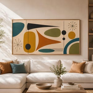 May include: A rectangular wall art piece featuring abstract geometric shapes in teal, black, mustard yellow, olive green, and burnt orange on a cream background. The composition includes circles, triangles, and starburst lines in a framed display.
