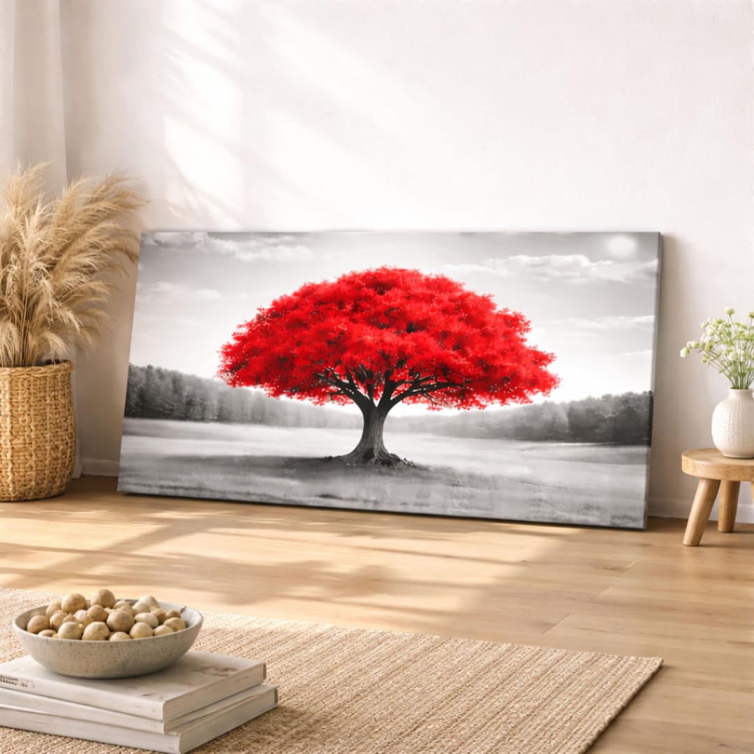Minimalist Canvas Wall Art, Red Tree of Life Artwork, Large Horizontal ...
