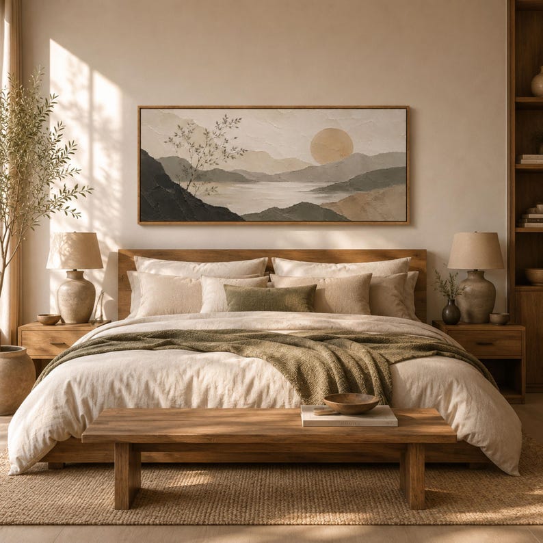 May include: A rectangular landscape painting featuring a sun over layered mountains and a body of water, displayed above a bed with beige bedding, a green throw blanket, two bedside lamps, and a wooden bench in the foreground.