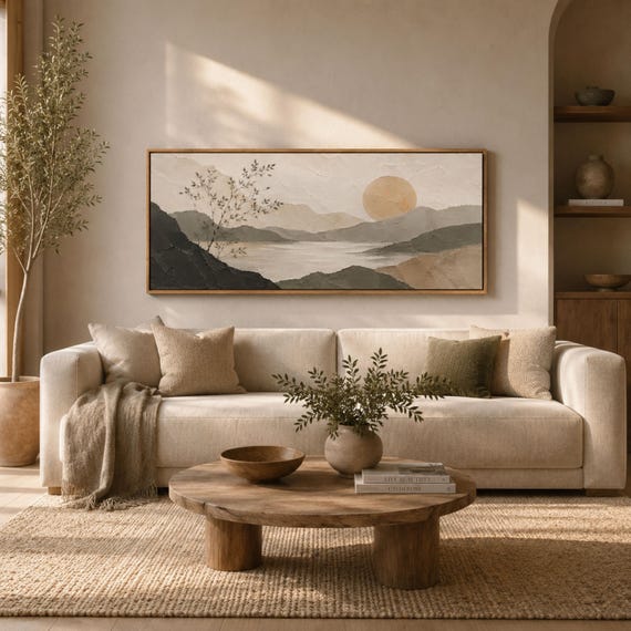 Oversized Horizontal Japandi Wall Art Canvas Print, Beige Abstract Wabi Sabi Paining, Minimalist Modern Living Room Decor, Japanese Wall Art