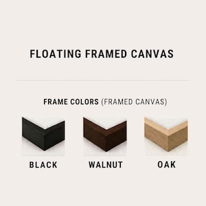 May include: Floating framed canvas with three frame color options labeled as black, walnut, and oak. The image displays the corner of a white canvas set within a black frame, a dark brown walnut frame, and a light-toned oak frame.