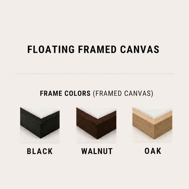 May include: Floating framed canvas with three frame color options labeled as black, walnut, and oak. The image displays the corner of a white canvas set within a black frame, a dark brown walnut frame, and a light-toned oak frame.