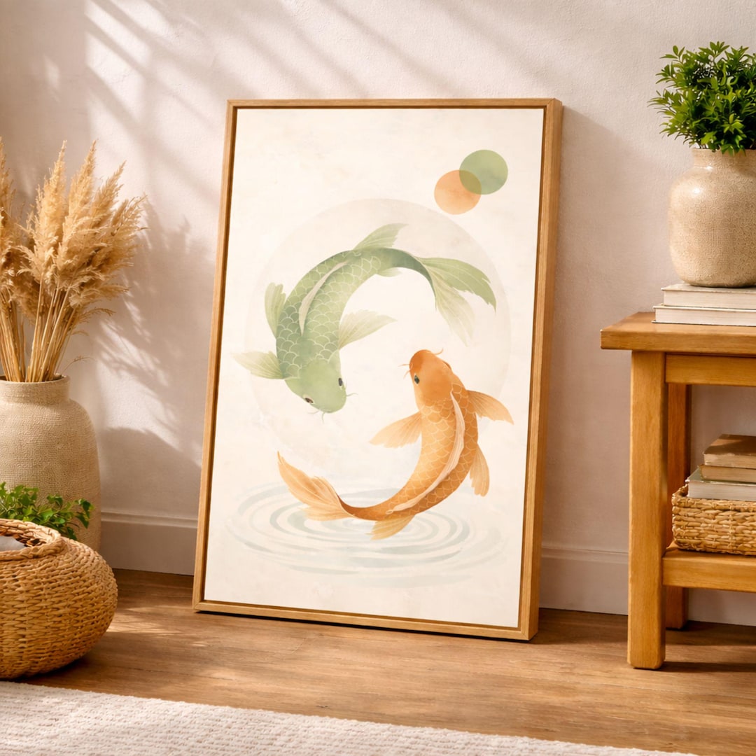 Koi Fish Wall Art Canvas, Japanese Zen Decor, Yin Yang Print, Asian ...
