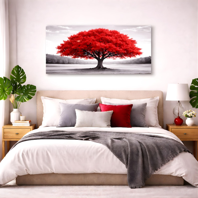 Minimalist Canvas Wall Art, Red Tree of Life Artwork, Large Horizontal ...
