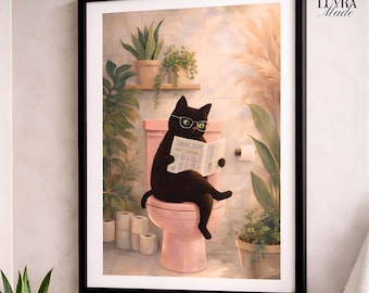 Funny Cat Art, Bathroom Wall Art, Black cat on toilet Reading Newspaper, Whimsical Cat Poster, Cat Mom Gift, Cute kitty Artwork Print