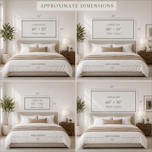 May include: A four-part infographic displaying approximate dimensions for rectangular wall art above a king size bed. The image shows four canvas sizes: 40 by 20 inches, 48 by 24 inches, 32 by 16 inches, and 60 by 30 inches, all labeled with width and height.
