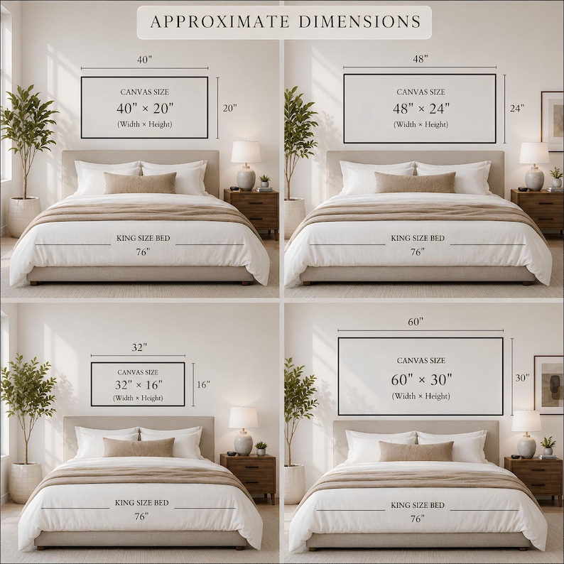 May include: A four-part infographic displaying approximate dimensions for rectangular wall art above a king size bed. The image shows four canvas sizes: 40 by 20 inches, 48 by 24 inches, 32 by 16 inches, and 60 by 30 inches, all labeled with width and height.