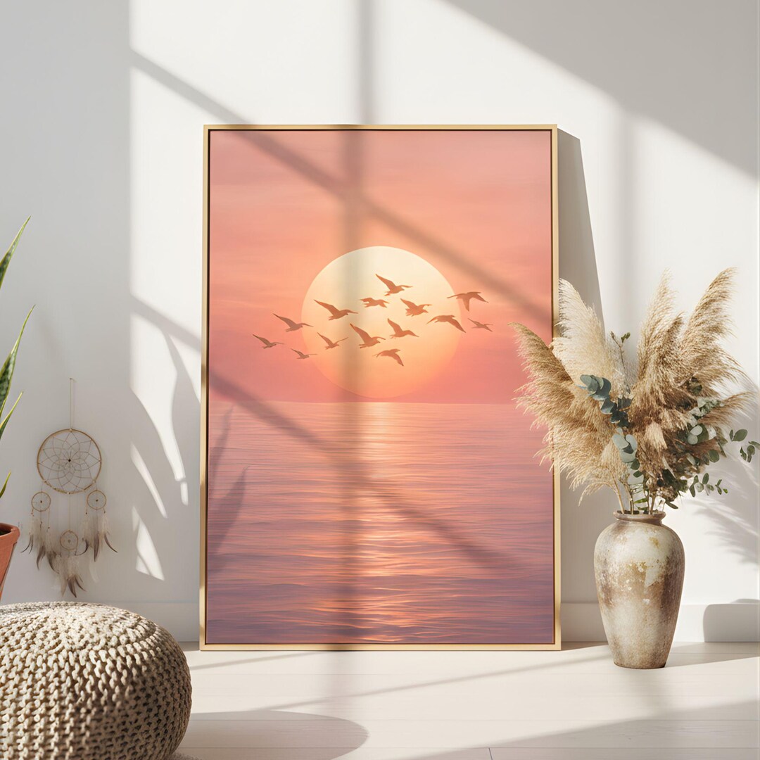 Sunset Wall Art Canvas Print, Ocean Sunrise Painting, Coastal Birds ...