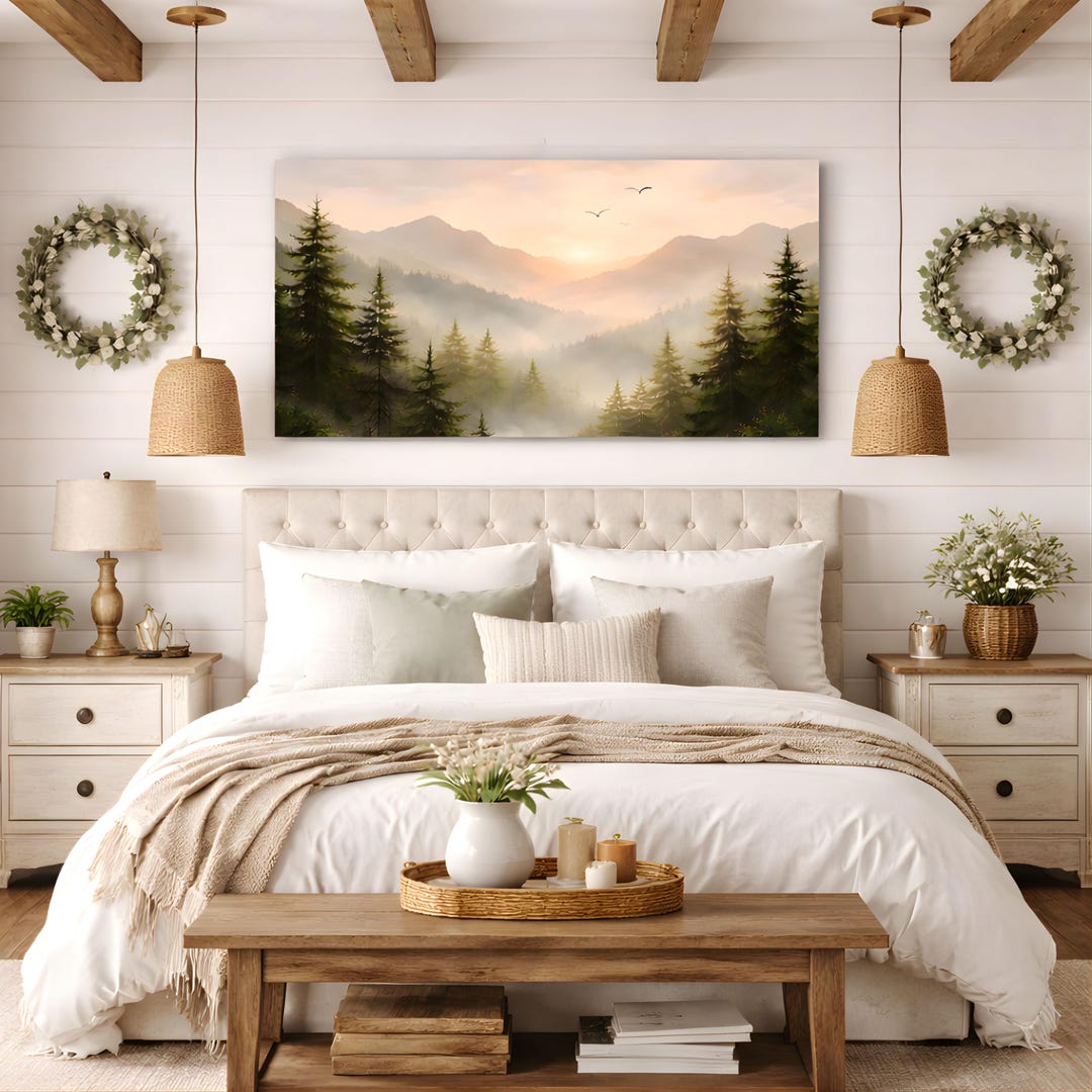 Mountain Forest Wall Art Canvas, Misty Pine Tree Landscape Print ...