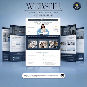 Może przedstawiać: Projekt szablonu strony internetowej z tekstem "WEBSITE DIGITAL AGENCY & PORTFOLIO WEBSITE TEMPLATE". Projekt zawiera stronę główną z tekstem "Hello! I'm Emma Carter Web Developer" i inne strony internetowe.