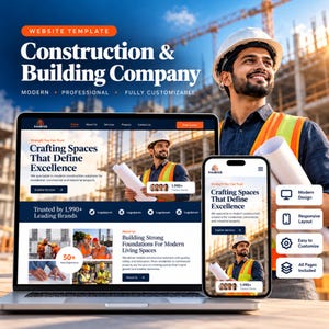 Op de afbeelding: Een website-sjabloon voor een bouwbedrijf weergegeven op een laptop- en smartphonescherm. Het ontwerp bevat de tekst Construction & Building Company, Crafting Spaces That Define Excellence en Building Strong Foundations.