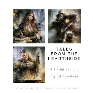 Könnte beinhalten: Ein digitales Download-Kunstdruck-Set aus 3 Bildern mit dem Titel TALES FROM THE HEARTHSIDE. Die Bilder zeigen eine Frau, die an einem Schreibtisch schreibt, einen Zauberer mit Hund in nebliger Umgebung und eine Person, die in einem großen Kessel rührt.