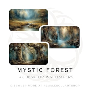 May include: Three rectangular digital images featuring forest landscapes with trees, a stream, and a waterfall in shades of brown, blue, and gold. The text reads MYSTIC FOREST 4K DESKTOP WALLPAPERS and DISCOVER MORE AT FEMALESOULARTSHOP.