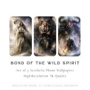 Könnte beinhalten: Ein Set aus drei Handy-Hintergrundbildern mit dem Titel BOND OF THE WILD SPIRIT. Das erste zeigt eine Person mit einem weißen Adler, das zweite eine Person mit einem Bären und das dritte eine Person mit einer gehörnten Kreatur.