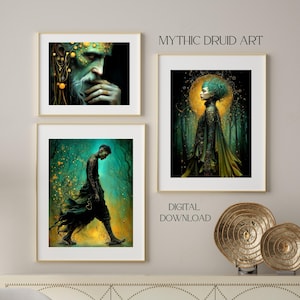 Könnte beinhalten: Drei gerahmte Kunstdrucke mit Fantasy-Figuren. Der obere Druck zeigt einen grünhäutigen Mann mit langem weißem Bart. Die anderen beiden Drucke zeigen Figuren in einer Waldkulisse. Der Text "MYTHIC DRUID ART" und "DIGITAL DOWNLOAD" sind sichtbar.