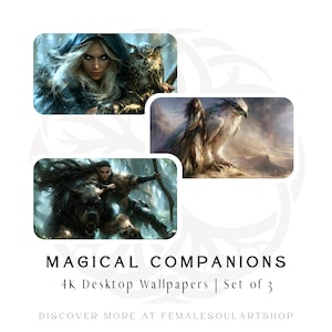 Könnte beinhalten: Ein Set aus drei digitalen Illustrationen mit dem Titel MAGICAL COMPANIONS 4K Desktop Wallpapers. Die Bilder zeigen eine Person mit einer Eule, eine Person mit einem großen Vogel und eine Person mit einem wolfsähnlichen Wesen. Text: DISCOVER MORE AT FEMALESOULARTSHOP.