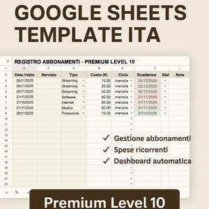 Può includere: Un modello di Google Sheets intitolato "GOOGLE SHEETS TEMPLATE ITA" con una tabella denominata "REGISTRO ABBONAMENTI - PREMIUM LEVEL 10". La tabella include colonne per servizio, costo e scadenze. I segni di spunta indicano le funzionalità.