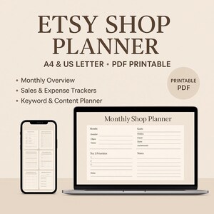 Può includere: Un pianificatore digitale Etsy Shop, mostrato su un laptop e uno smartphone. Il pianificatore include sezioni per la panoramica mensile, i tracker delle vendite e delle spese e la pianificazione di parole chiave e contenuti. Il testo recita "ETSY SHOP PLANNER".