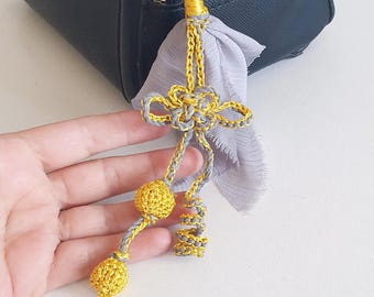 Gray Korean Knot Purse Charm, Coquette Bag Accessory, Handmade Tassel Charm, Balletcore