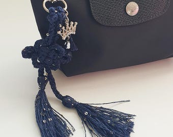Navy Norigae Mini Sequin, Korean Tassel Purse Charm, Handmade Keychain, Lucky Knot Handbag Accessory