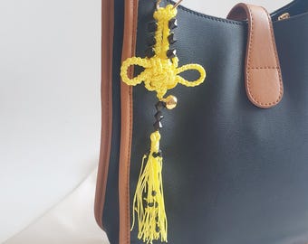 Yellow Norigae Bag Charm, Lucky Knot Keychain, Handmade Tassel Zipper Accessories, Korean Crystal Bead Charm, Bell Purse  Accessory
