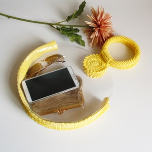 Round Clear Purse, Crochet Circle Handle Jelly Handbag, Transparent Stadium Circle Bag, Yellow Crocheted and Clear Bag, See Trought Hand Bag