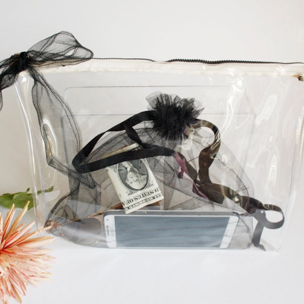 Clear Zipper Purse, Black Tulle Pochette in Clear Bag, Stadium Handbag, Game Day Purse, Jelly Makeup Bag, See Trought Pouch, Gifts for Women