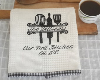 Our First Home Tea Towel, First Kitchen Hand Towel, Personalized Tea Towel, New Home Decor, Embroidered Custom Towel, Personalized Gift